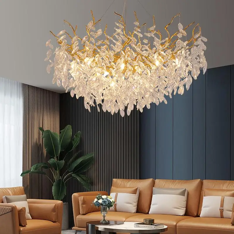 Modern Gold Luxury Crystal Chandeliers for Dining Room Living Room Branch Hanging Lamp Large Lighting Fixture for Hotel Lobby