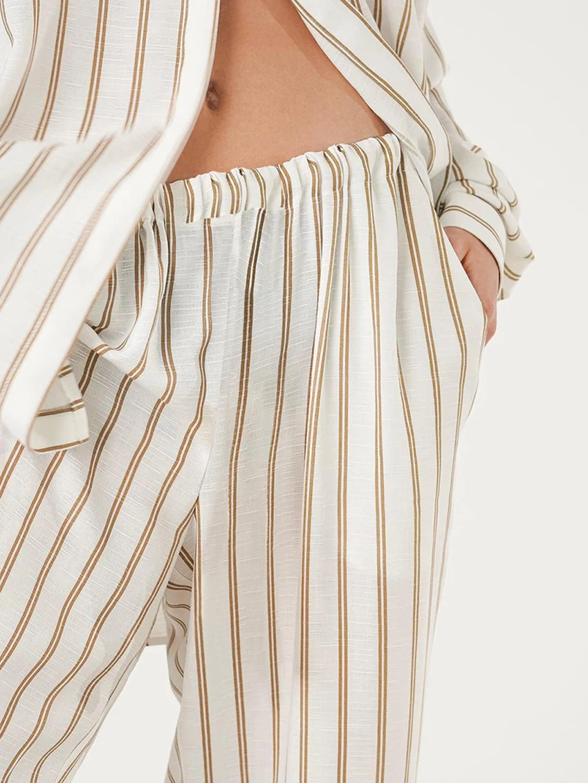 Marthaqiqi Striped Ladies Nightwear 2 Piece Set Long Sleeve Sleepwear Turn-Down Collar Pajamas Pants Fashion Female Nightie Suit