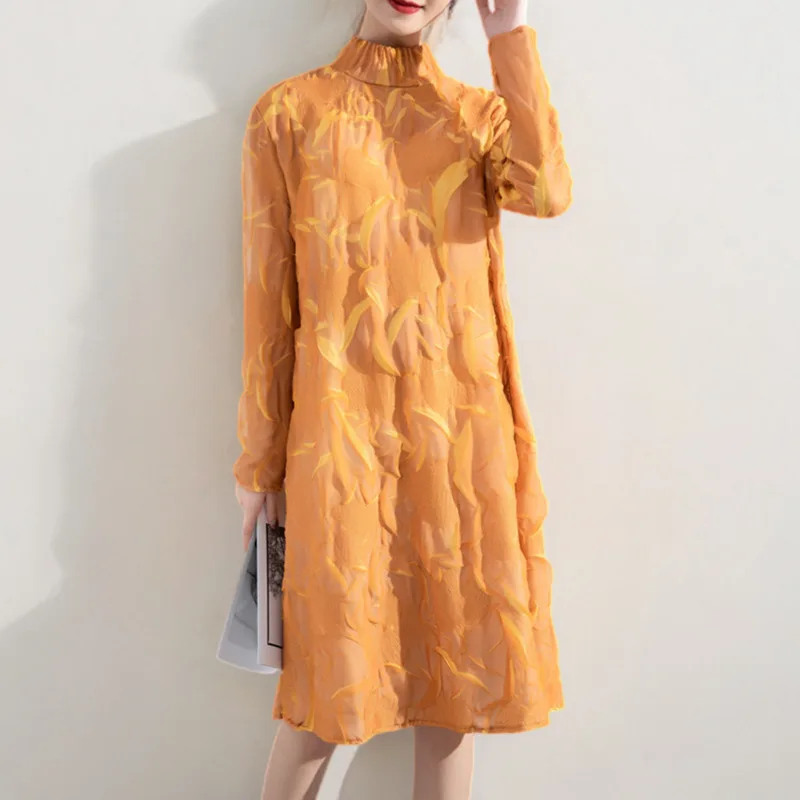 

COZOK Embroidery High Quality Pleated Dress Women 2024 Spring New Stand Collar Long Sleeve Elegant Temperament Dresses WT3110