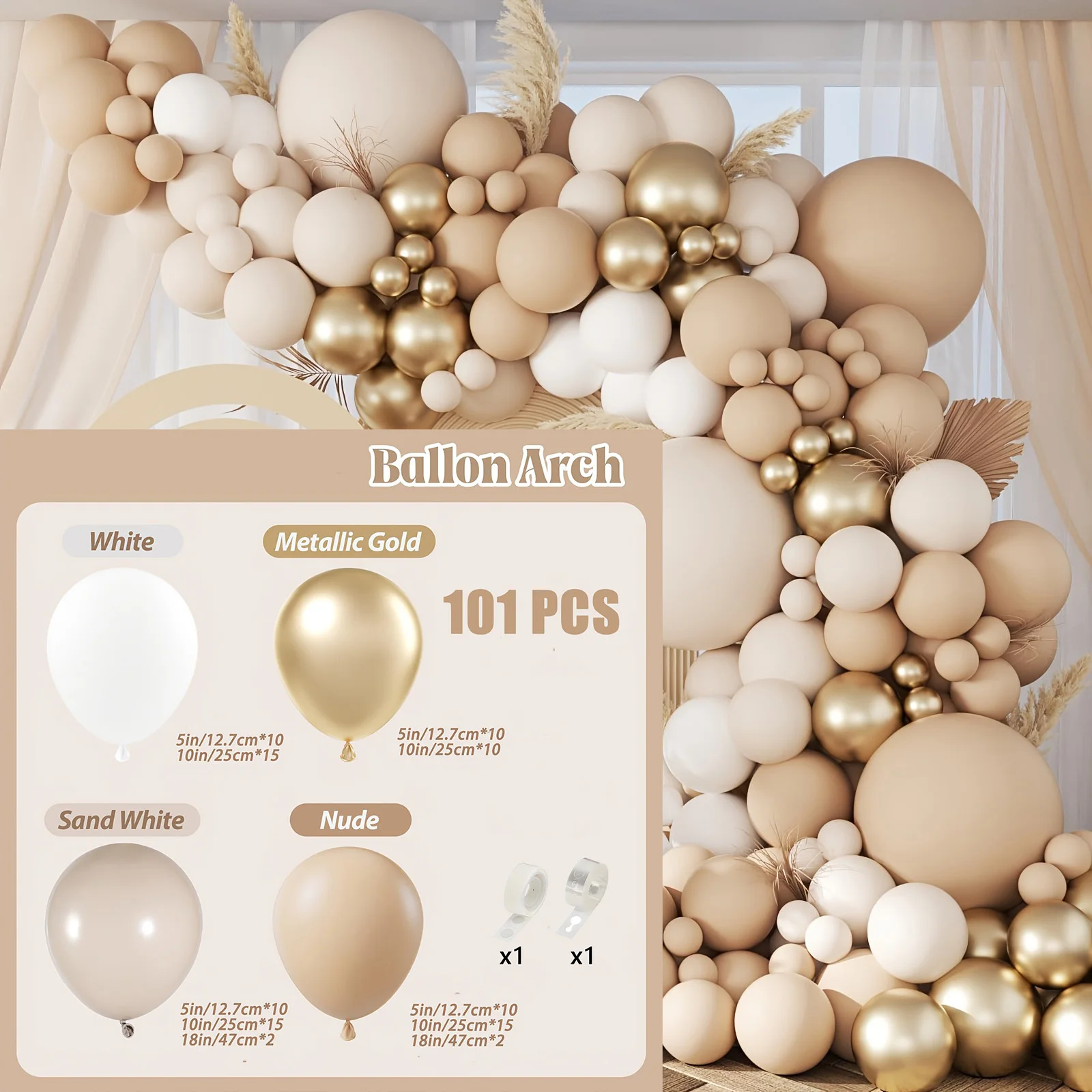 101-teiliges Weißes Sand-Champagner-Gold Ballonbogen-Set - Metallisches Boho Hochzeits-, Geburtstags-, Brautparty-Dekorationsset – Detail 2