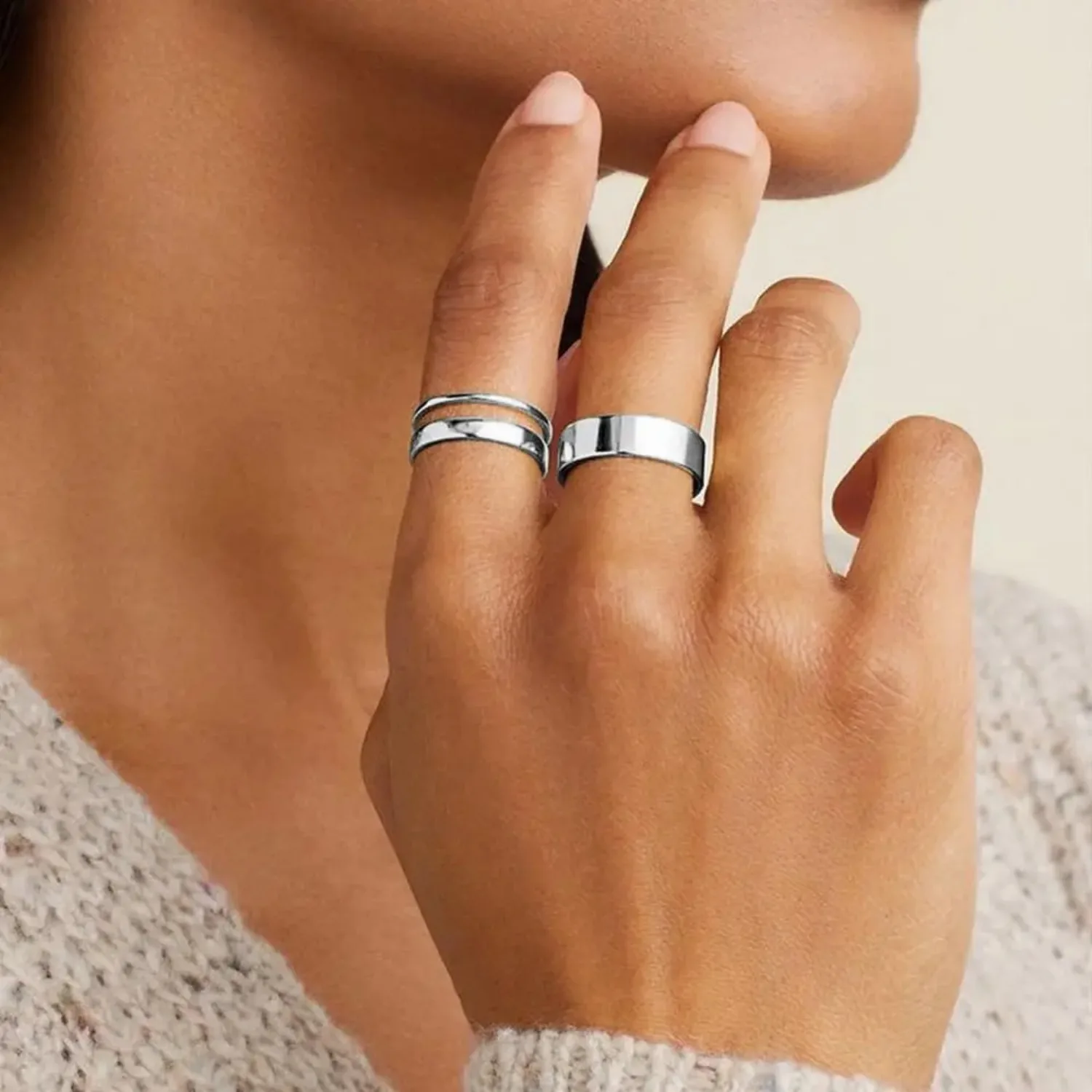 Fansilver S925 Sterling Silver Rings for Women Men 18K White Gold Plated Stackable Statement Thin Plain Thumb Ring Wedding Bands - Image 3