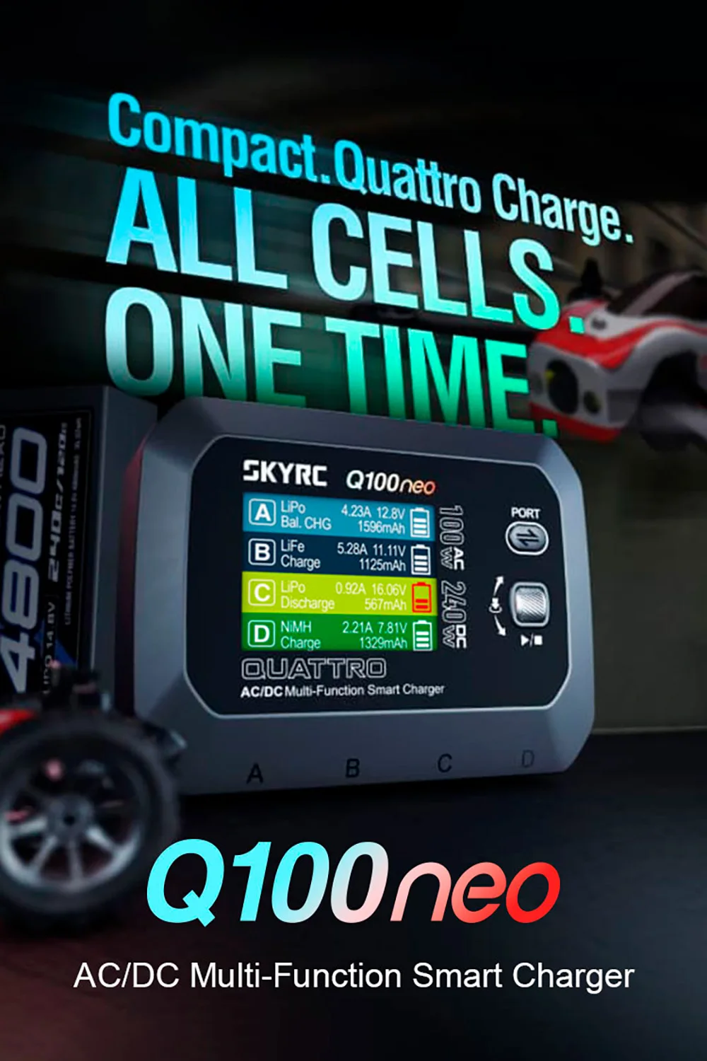 Détail des ports de sortie du chargeur SkyRC Q100neo avec câbles de batterie connectés