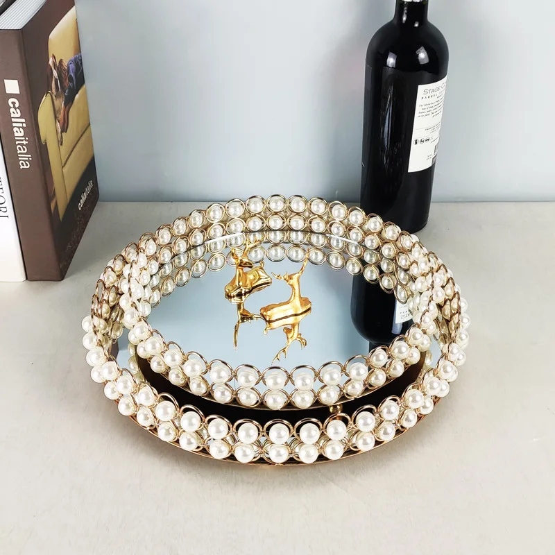 European Pearl-edged Glass Tray Ornaments Cosmetic Mirror Storage Tray Wedding Props Mirror Cake Rack Round Glass Plate