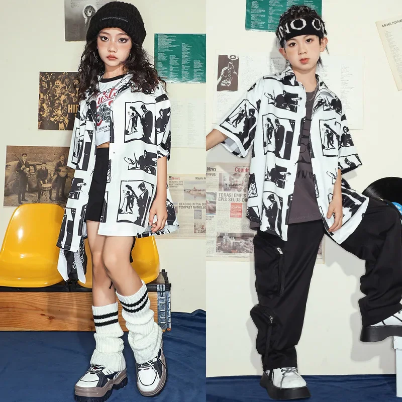 

Детский костюм для уличного танца в стиле хип-хоп, рубашка с принтом и коротким рукавом для мальчиков, костюм для выступления на барабане для девочек, одежда для джазового танца, одежда для групповой съемки