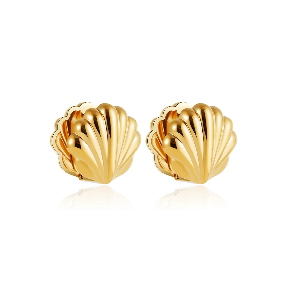 18k Gold Plated Stainless Steel Clip Earrings for Womens Shell-shaped Double-sided Ear Buckle Jewelry
