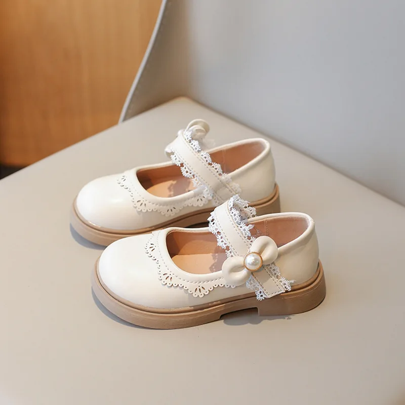 Girls' Flat Shoes Fashion Ruffled Edge Elegant Kids Leather Shoe Thick Bottom Bowknot Mary Janes Sweet Children Princess Shoes