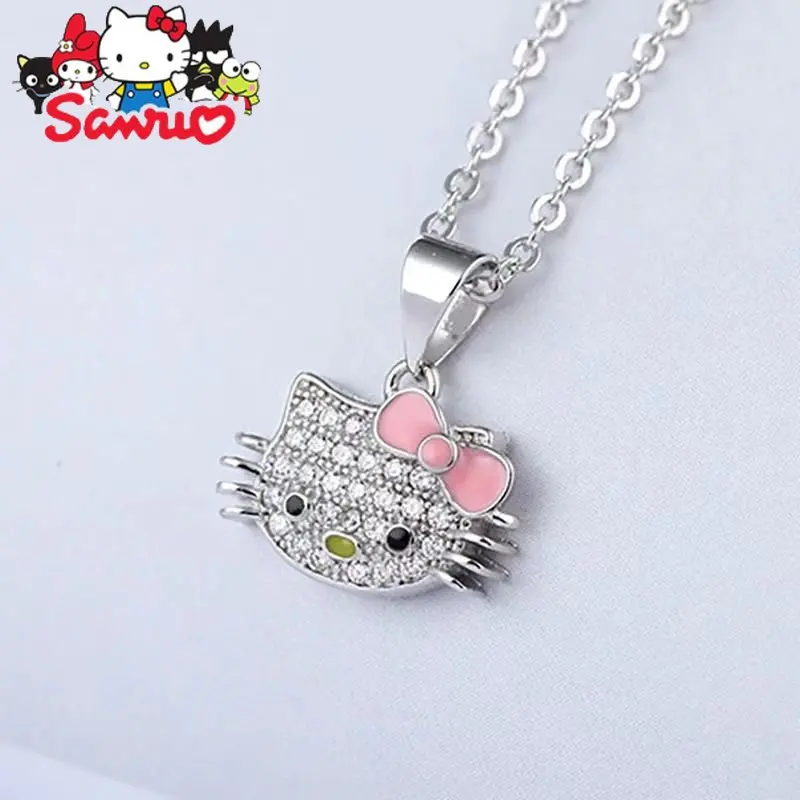 

Sanrio Hello Kitty Diamond Set Open Ring Schoolgirl Girlfriend Cute Pendant Clasp Necklace Woman Clavicle Chain Pendant Gifts
