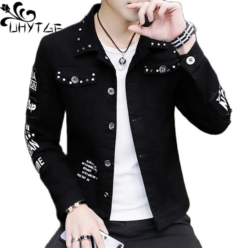 

Мужская джинсовая куртка UHYTGF, черная джинсовая куртка с дырками в Корейском стиле, Повседневная Верхняя одежда для мужчин, весна-осень 2023