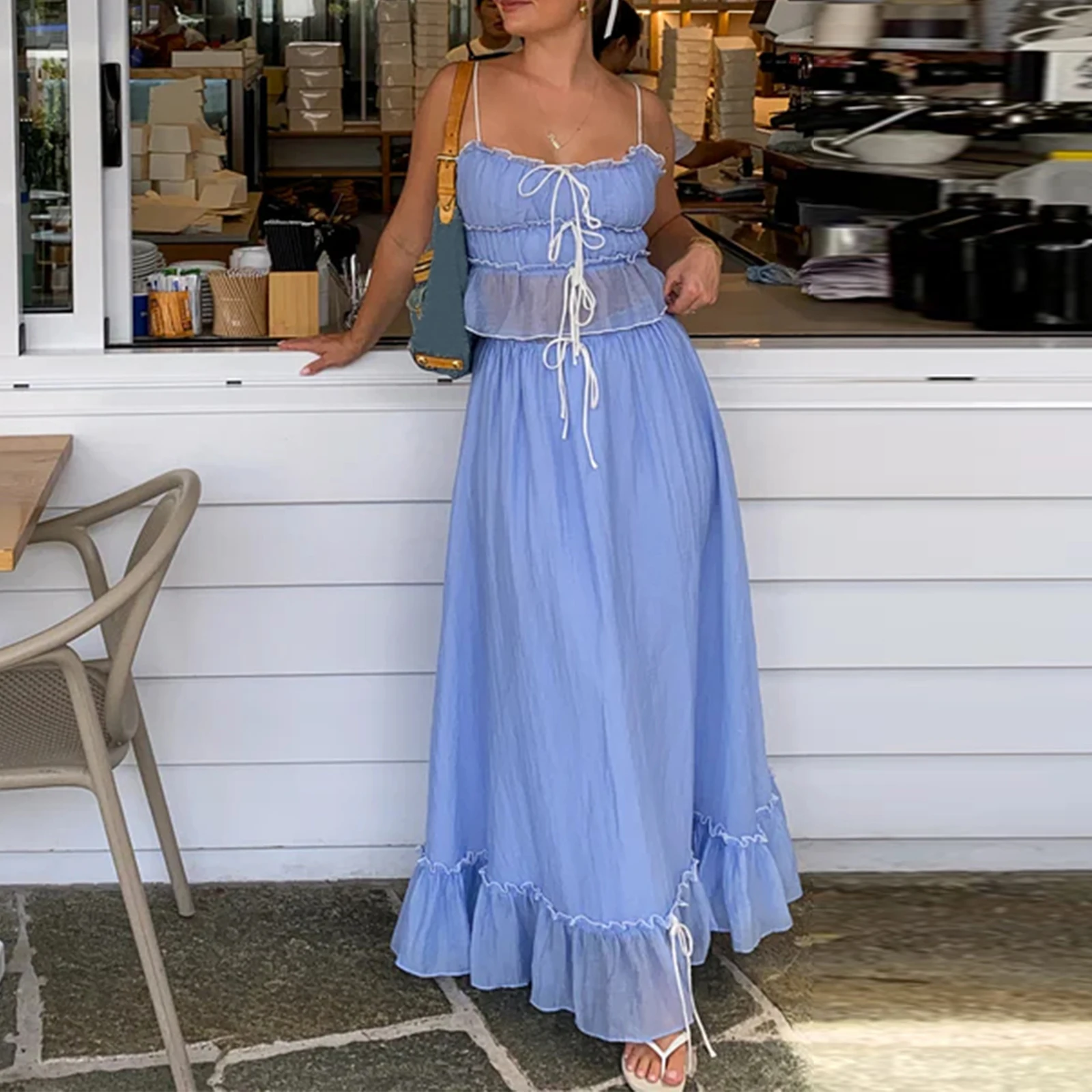 

Women's Summer Elegant Skirts Outfits Fashion Patchwork Front Tie-Up Spaghetti Strap Camisoles Tank Tops + Long Skirts Set