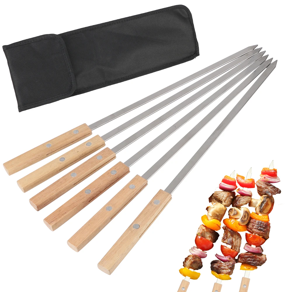 340 Stainless Steel BBQ Long Skewers 6Pcs BBQ Skewers Professional Grilling Skewer Outdoor Tools