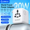 ORICO All in One 20W GaN Worldwide Travel Adapter with AC Outlet USB A Type C Fast Charging US EU UK AU Dual 10A Fuses Compact