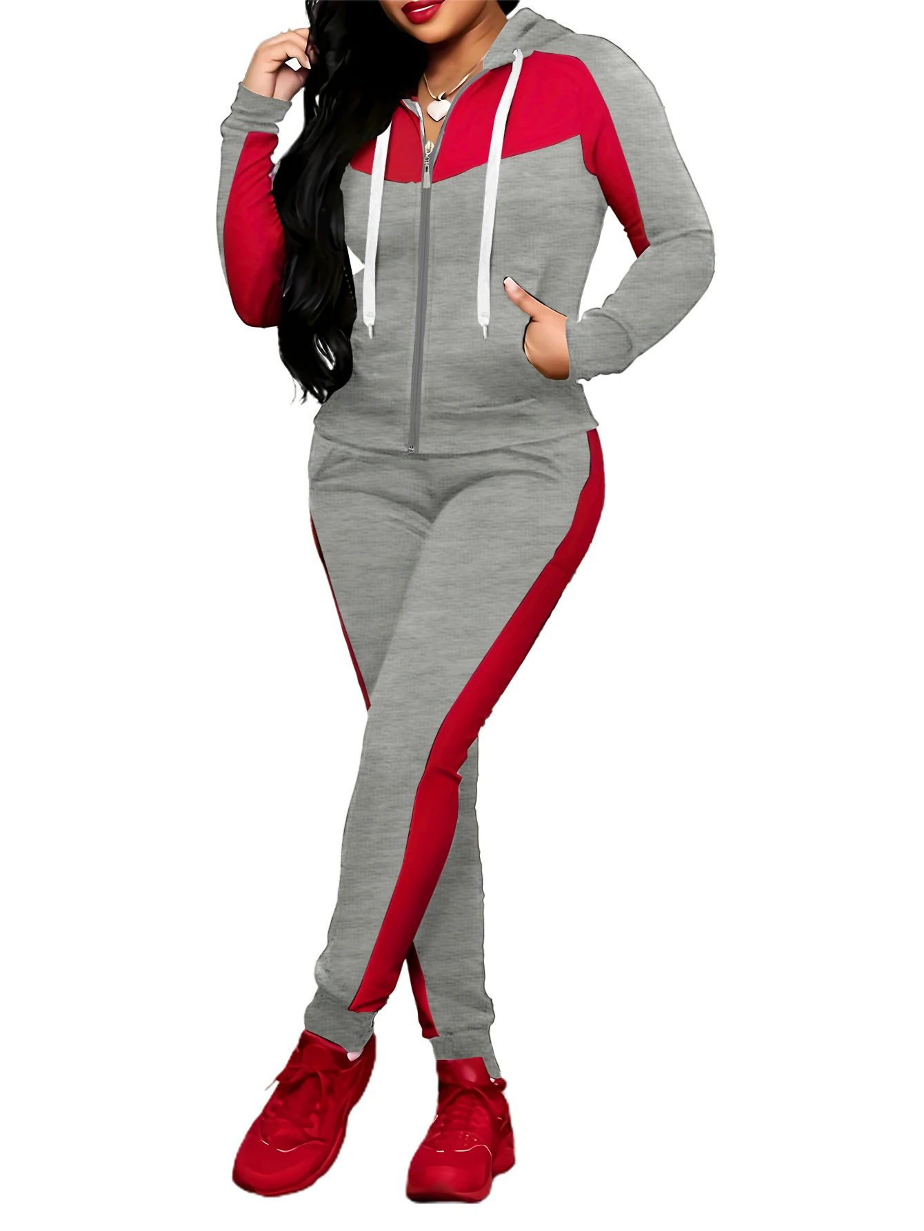 Two-piece Set Women's Colorblock Zip UpHoodie & Pocket Pants, Casual Long SleeveHooded Sweatshirt & Jogger Pants for DailyWear, 4