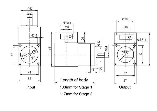 Description Picture 5 of item90 degree right angle 57mm planetary reducer speed ratio 16: 1 20:1 36: 1 for Nema23 stepper motor brushless DC motor