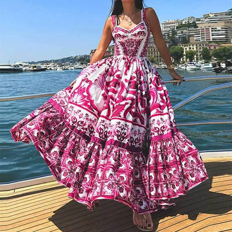 

Sexy High Waist Square Neck Printed Long Dress Pink Sleeveless Backless Big Hem Vestidos Waist Robes Fashion Casual Vacation