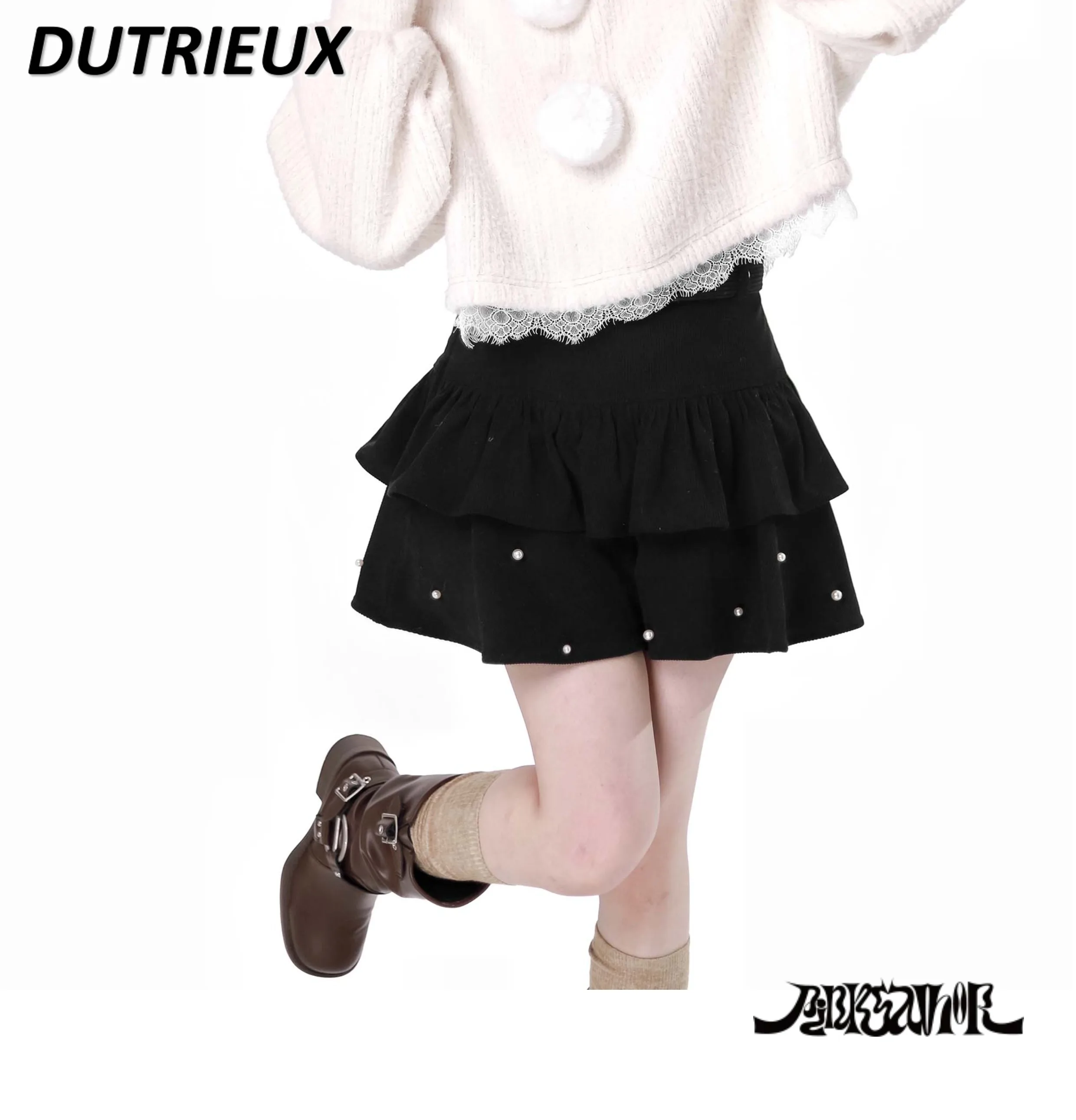 Sweet Cute Girl High Waist Ruffles All-Matching Short Skirt Spring and Summer Pearl Decoration Belt Cake Skirts for Women