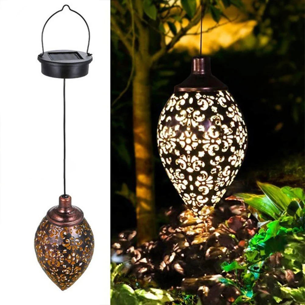 Solar Hanging Lanterns Outdoor Solar Lights Waterproof Iron Art Decorative Lanterns Water Drop Lamp Hollow Projection Lamp