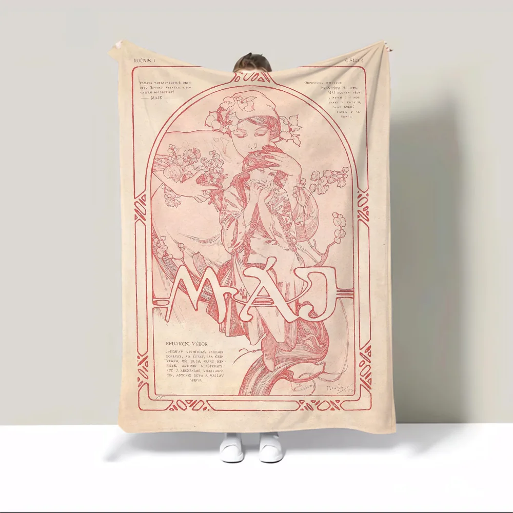Alphonse Mucha 따뜻한 담요, 푹신하고 부드러운 담요, 캐릭터 홈 인테리어, 럭셔리 침구, 비치 타올, 니트 격자 무늬