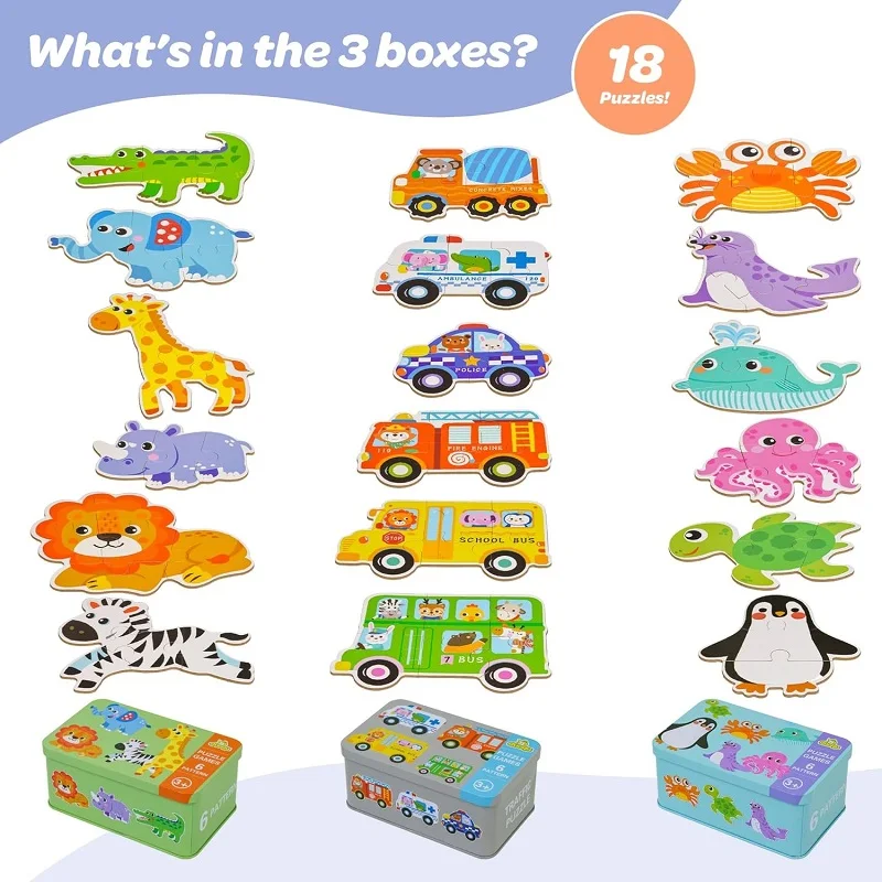 Baby Wooden Puzzles for Toddlers Montessori Development Toys Educational Animals Puzzle Board Games for Kids Boys 1 2 3 Years 3