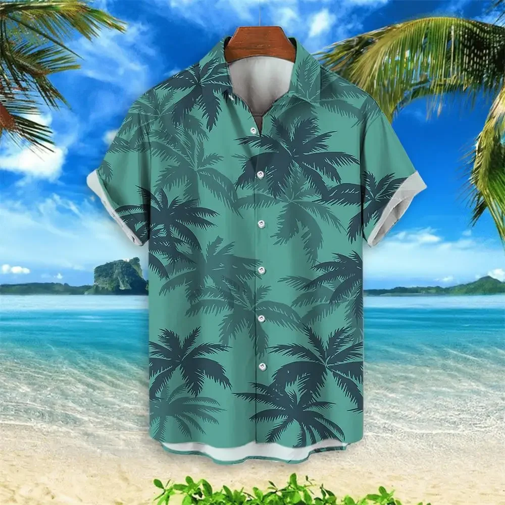 

Summer Men's Clothing 2024, Short Sleeved Hawaiian Shirt with Coconut Tree Print, Casual Top for Beach Vibes