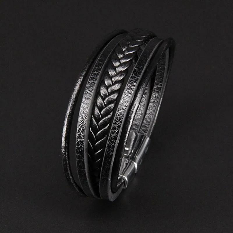 ZG Multi Layered Hand Woven Leather Rope Magnetic Suction Bracelet for Men Vintage Jewelry