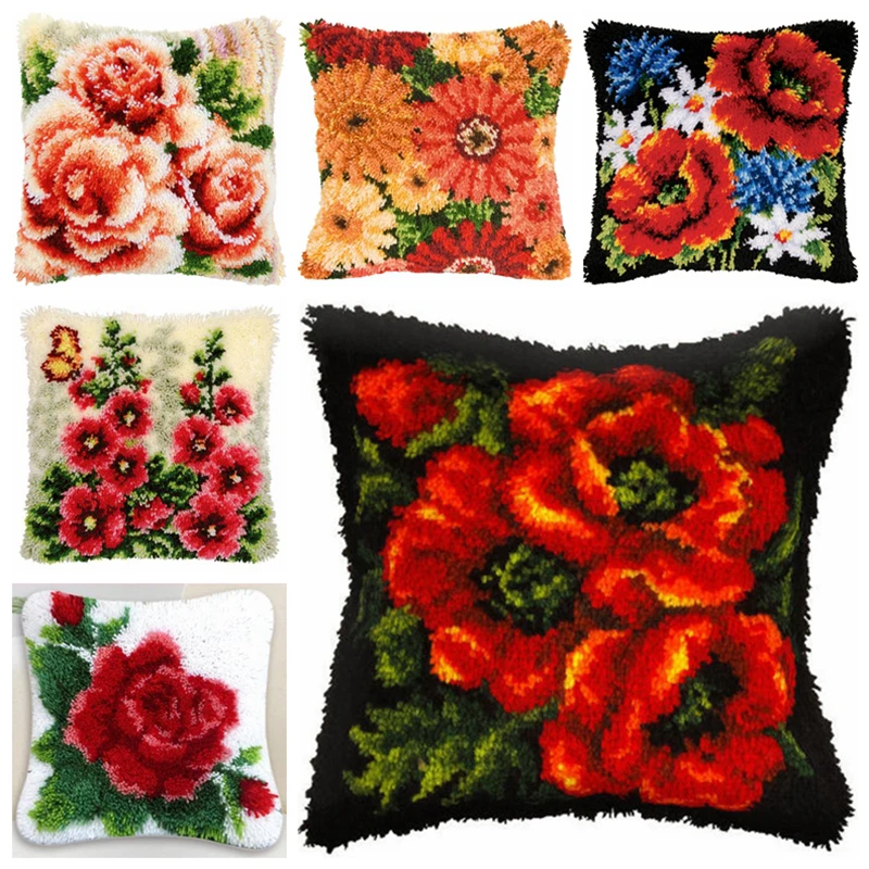 Bright Flowers Series Segment Embroidery Pillow Flowers Grass Coarse Wool Cross Stitch 3D Latch Hook Kit Carpet DIY Embroidery craft supplies