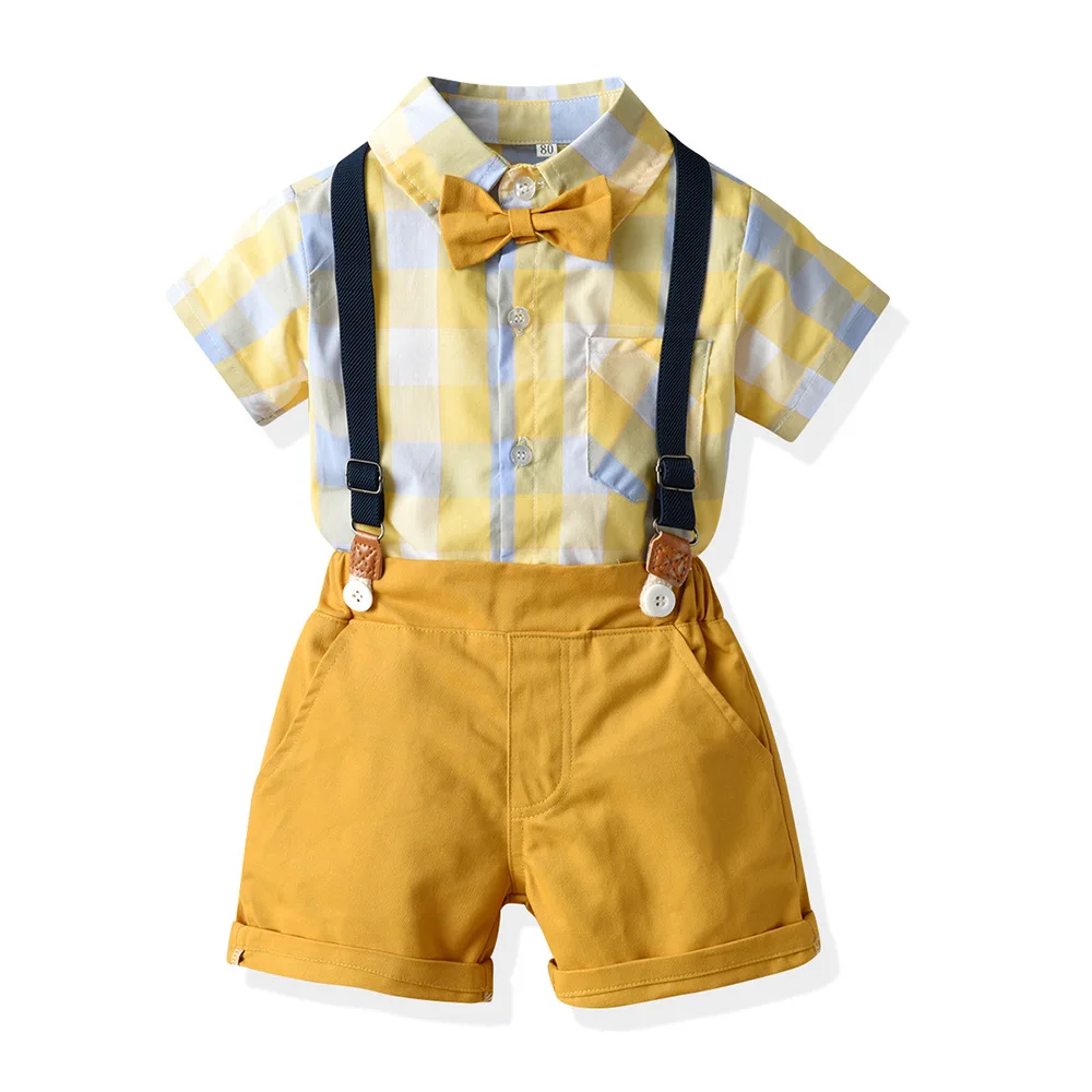 

1373 Children's Clothing College Style Short Sleeve Plaid Shirt Strap Shorts Boys' Suit