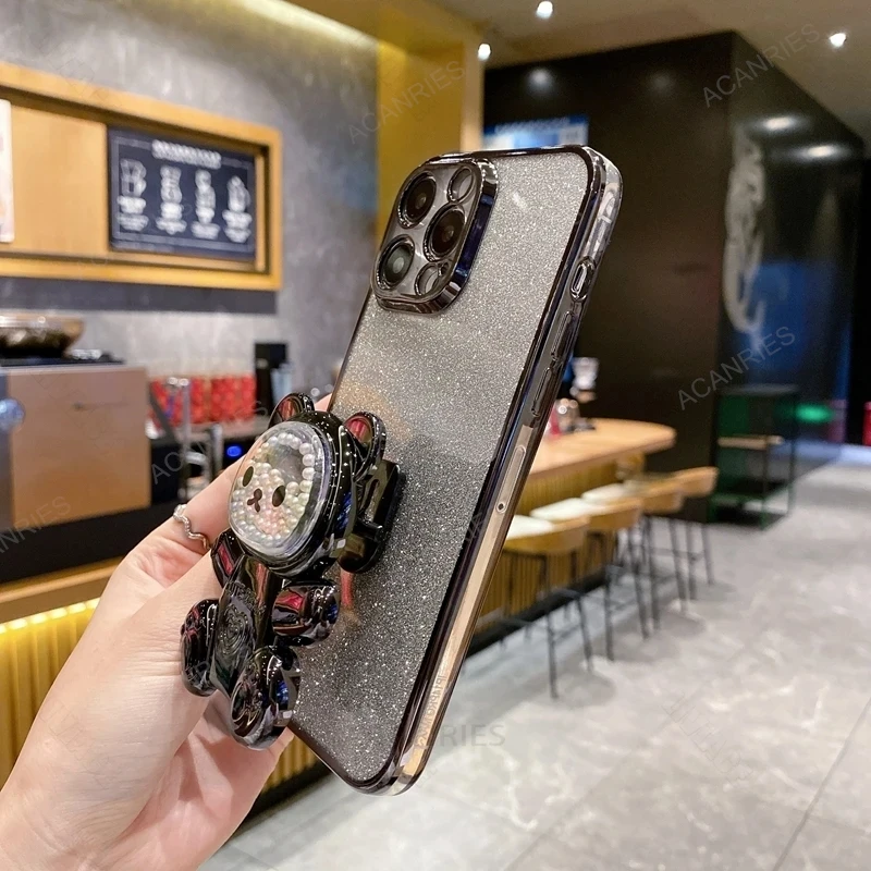 Étui en silicone plaqué avec support d'ours mignon pour Xiaomi Redmi Note 13 Pro 13pro Note13 4g 5g support couverture Mi Poco X6 M6 Pro Pocox6_voghion.com