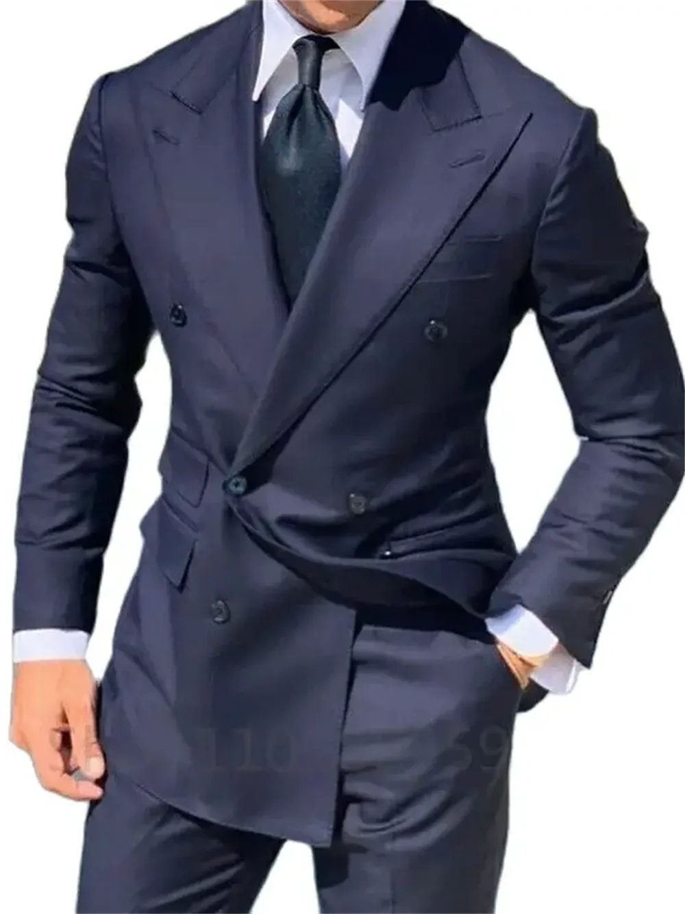 Navy Blue Double Breasted Jacket Only Costume Homme Men Suits Tuxedo Groom Wedding Slim Fit Terno Masculino Blazer 1 Piece