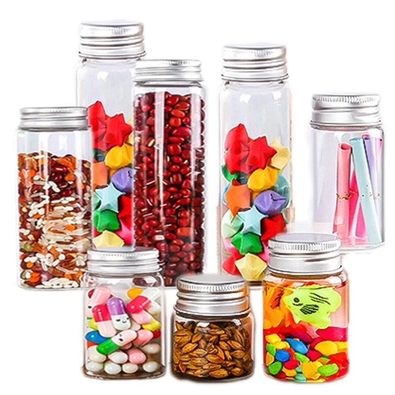 10Pcs 25/30/40/50/60/70/80/90ml Clear Glass Bottle with Aluminum Lid Empty Mini Refillable Jar Candy Jars Food Sealed Containers 4