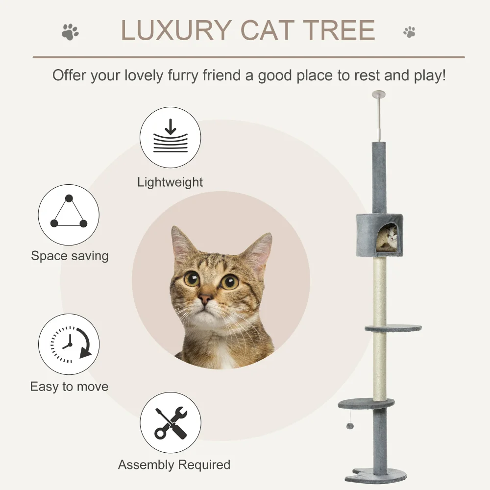 PawHut 85.5"Cat Tree Height Adjustable Floor-to-Ceiling 4-Tier Kitty Climbing Activity Center Condo Toy with Scratching Post