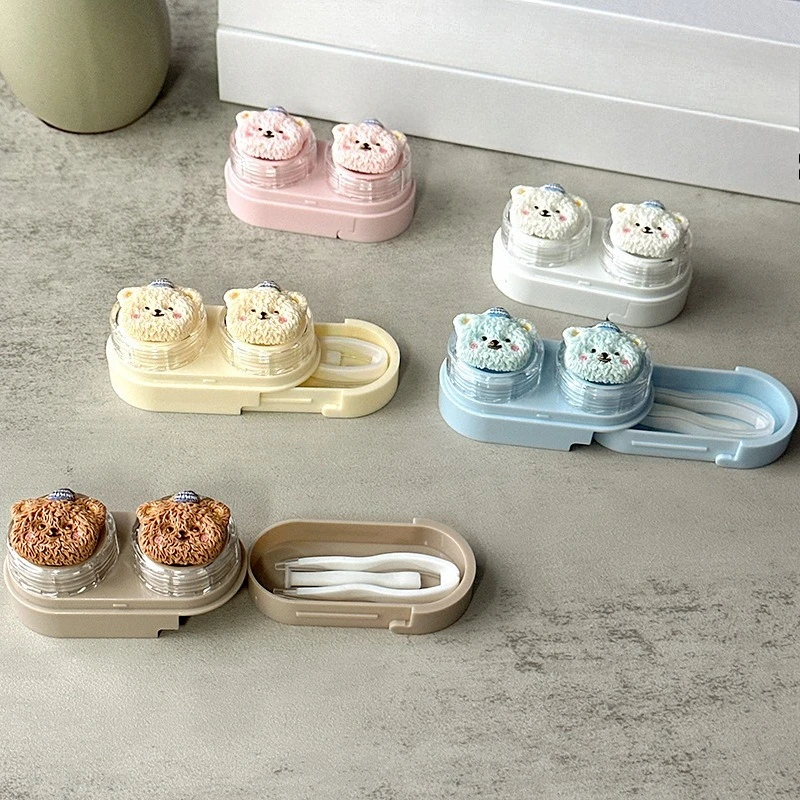 핀셋이 포함된 작은 곰 콘택트 렌즈 케이스 귀여운 눈 관리 콘택트 렌즈 컨테이너 박스 여행용 키트 안경 액세서리 정리함