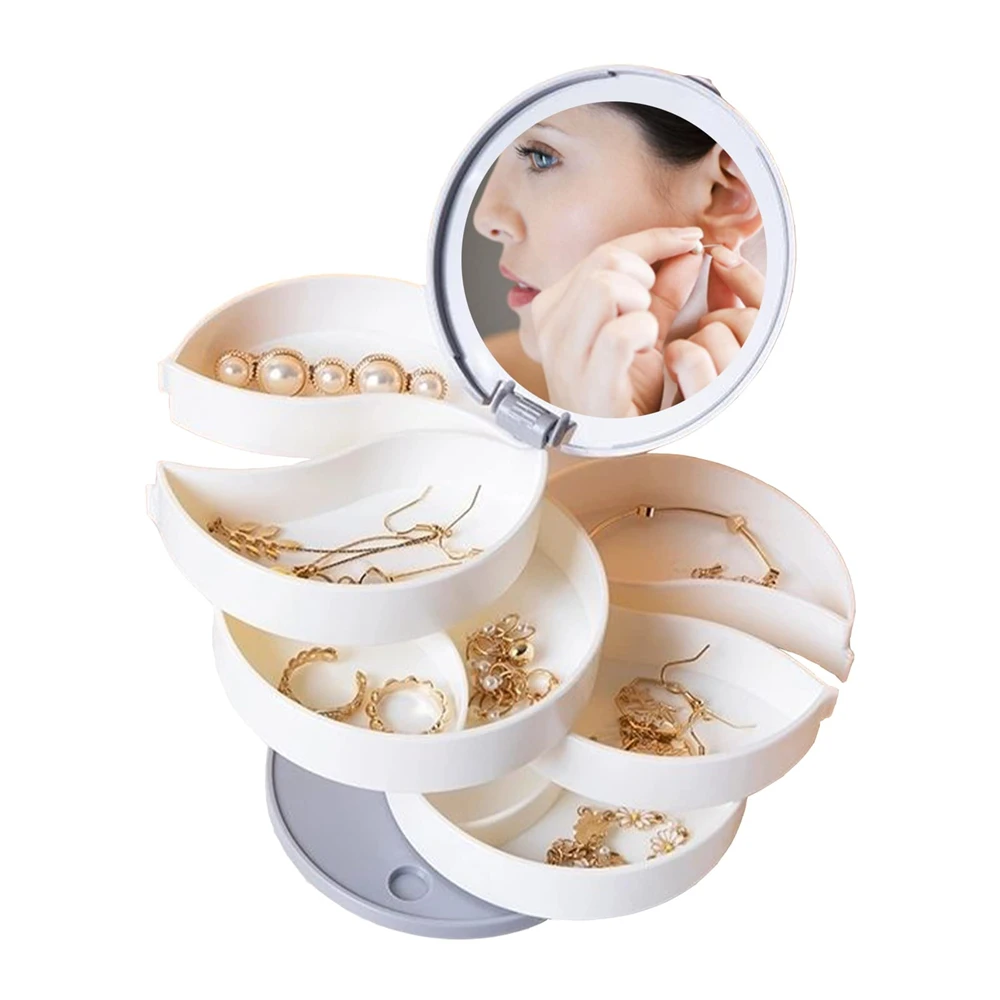 

Mini Portable 4 Layers Jewelry Organizer Travel Rotating Mirror Storage Box Earring Holder Women Accessories Mom Birthday Gifts