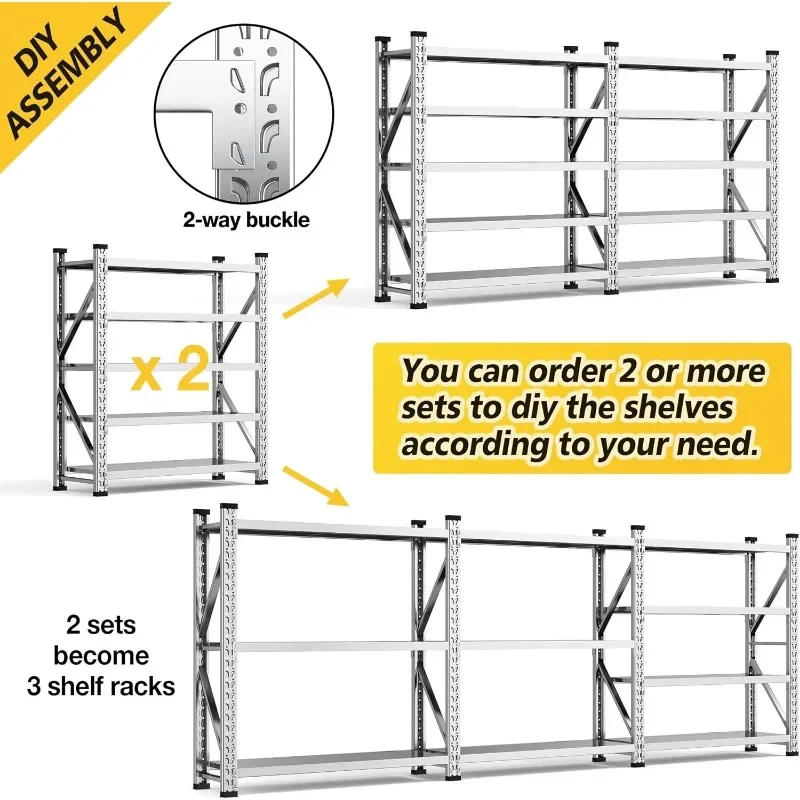 KINGBO 78"W Garage Shelving 4400LBS Heavy Duty Garage Shelving Units and Storage Adjustable 5 Tier Stainless Steel 5