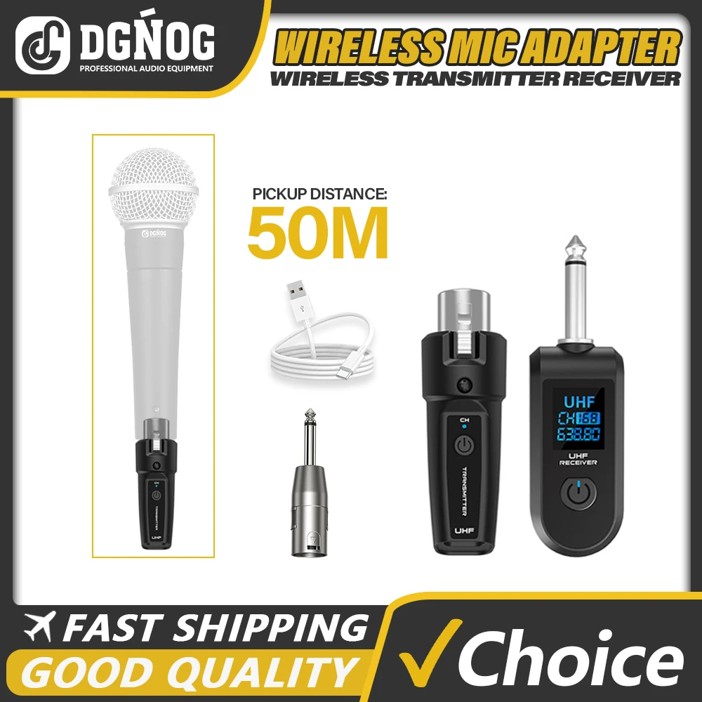 Sistema receptor e transmissor de microfone sem fio, sistema adaptador uhf xlr para microfone dinâmico, guitarra, mixer de áudio, sistema pa dgnog