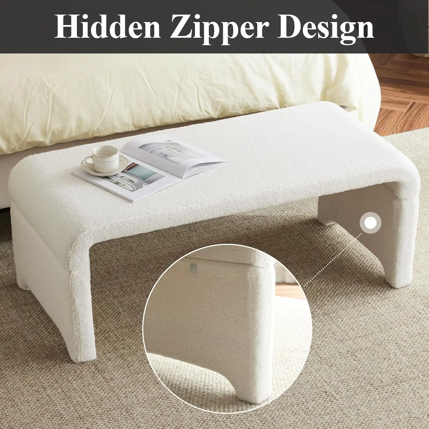 43.5in End of Bed Bench, Upholstered Entryway Bedrrom Bench Ottoman with Teddy Fabric Footrest Stools