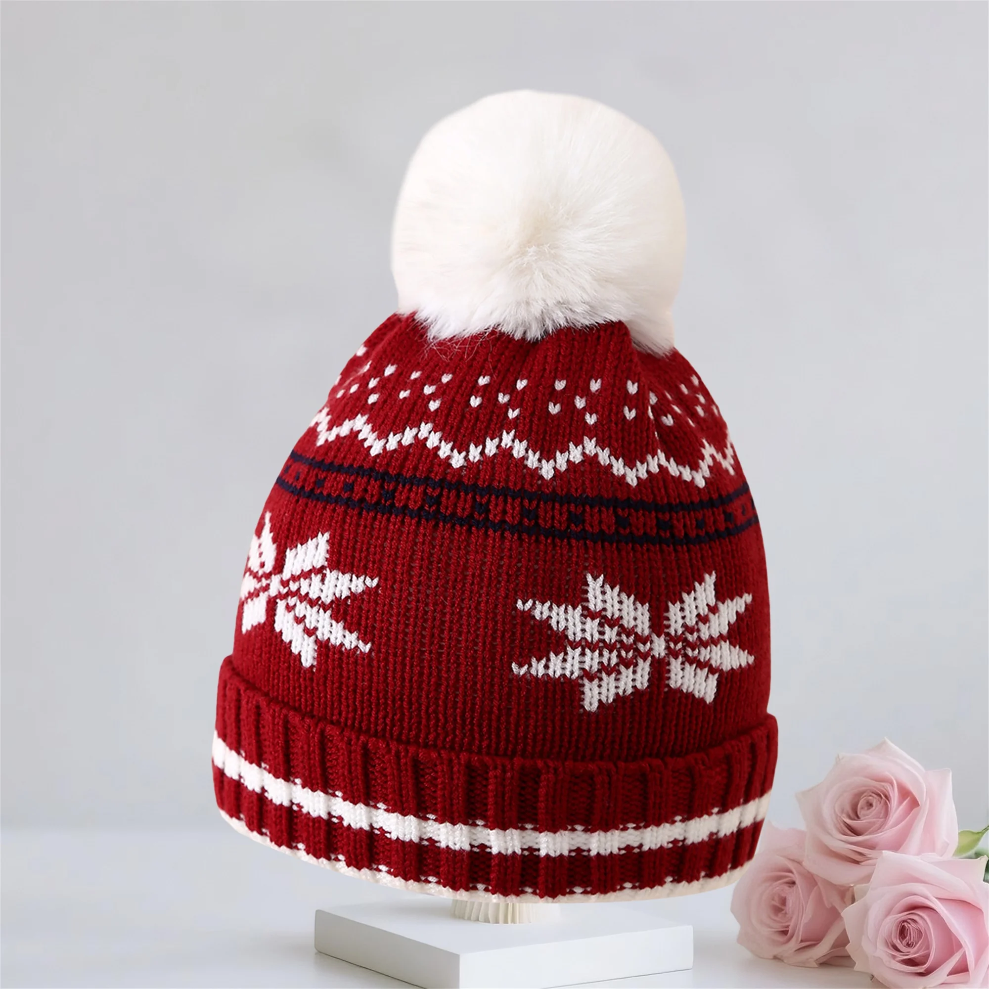 Winter Knit Hat for Children Festive Snowflake Pattern Beanie with Faux Fur Pom Pom Cozy Windproof Cap