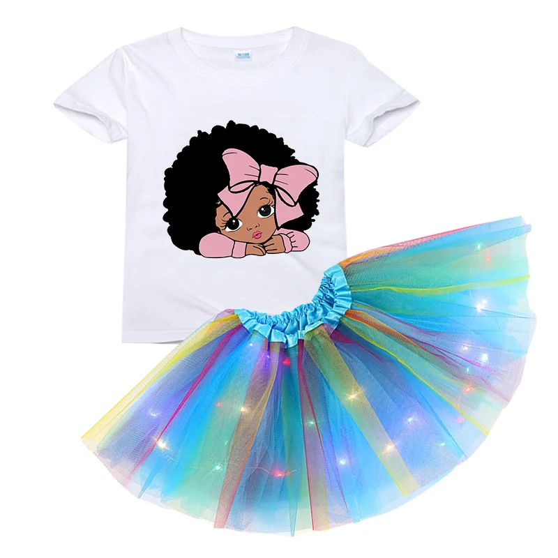 

Детское платье-пачка с блестками, футболка с длинным рукавом и светящаяся юбка