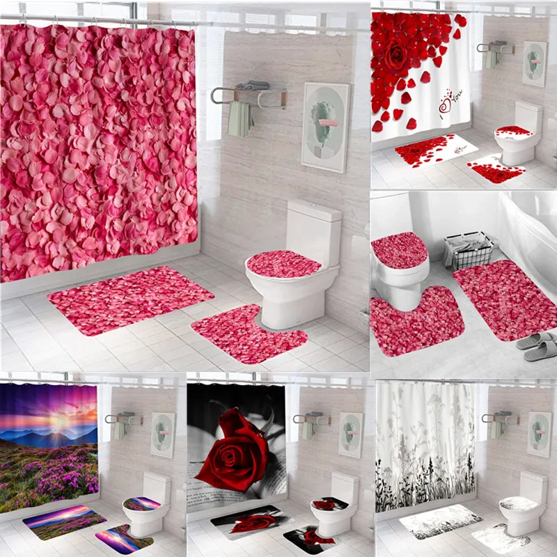 

Flower Series Digital Printing Home Decor Bathroom Toilet Cover Sets Waterproof Shower Curtain Mats Carpet Rugs Suits