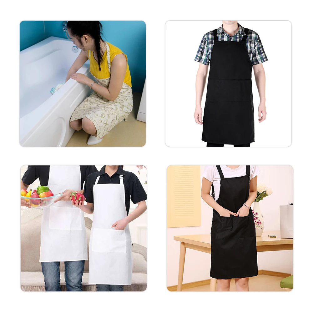 thicken cotton polyester blend cooking baking kitchen bib apron with pockets black blue green red yellow orange plain apron 6