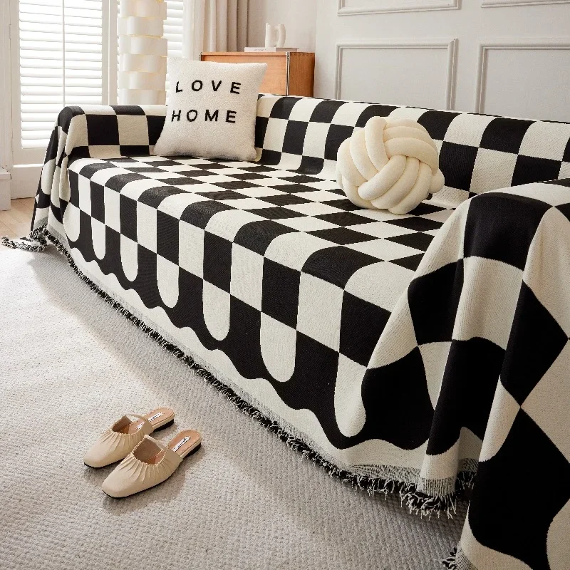 

Black White Grid Sofa Cover, Sofa Blanket, Full Cover, Universal Couch Towel, With Tassels Home Decor, Living Room Decor