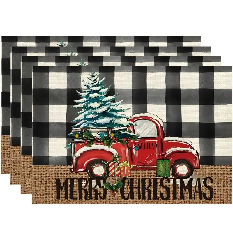 Buffalo Plaid Merry Christmas Placemats Heat Insulation Stain-Resistant Square Linen Table Mats for Dining Table Decoration 6