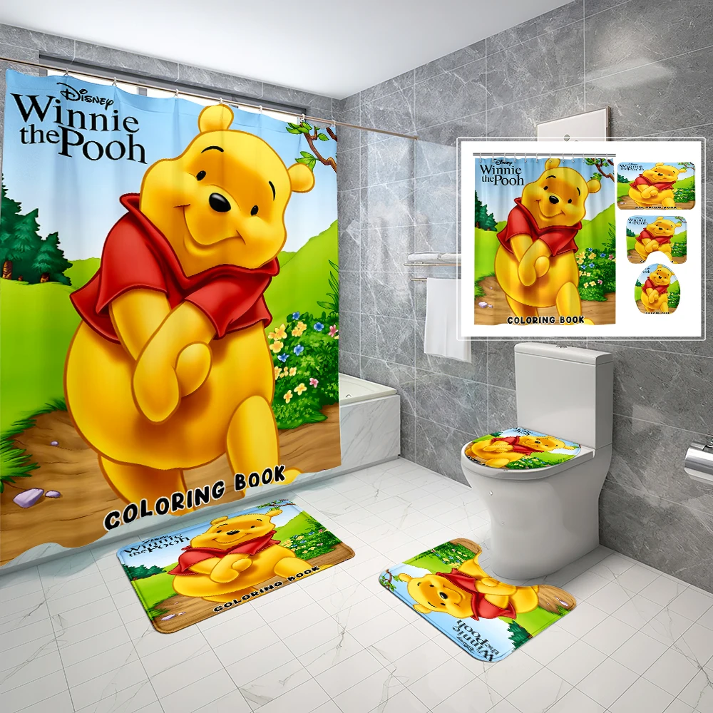 

1/4 шт. 70*70 дюймов miniso Winnie The Pooh Водонепроницаемая занавеска для душа С нескользящими ковриками, крышка для туалета, коврик для ванной, 12 крючков
