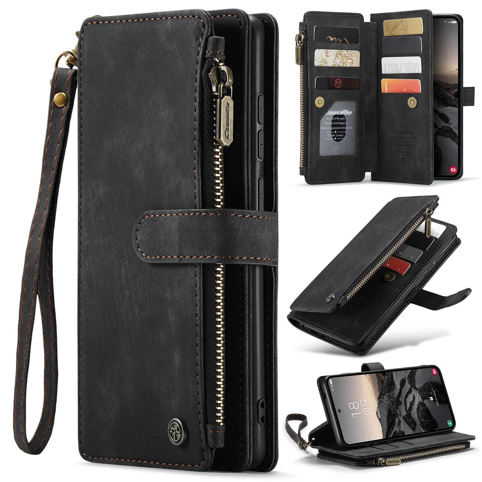 Zipper Flip Wallet Leather Phone Case with Lanyard and Wireless Charging Capability