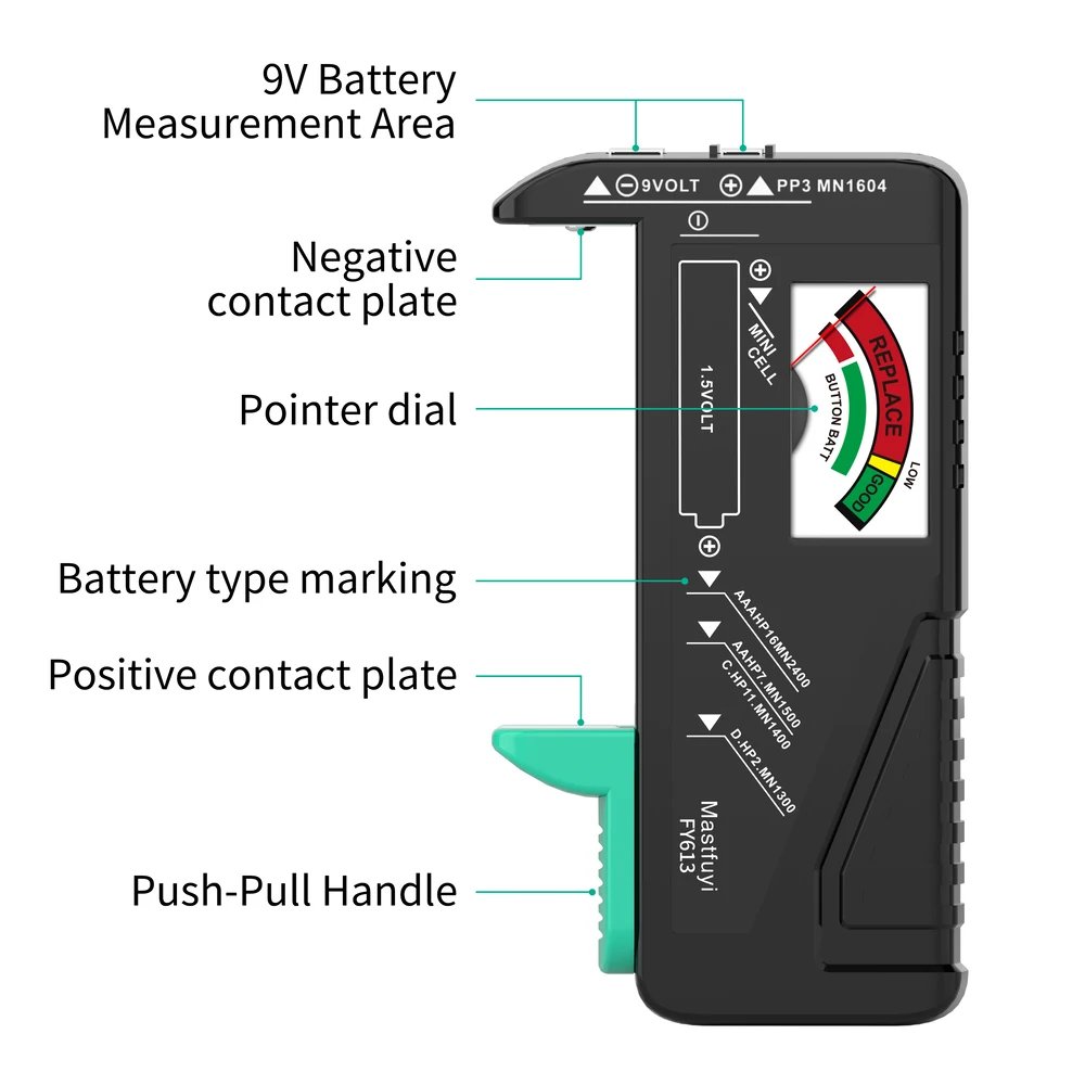 MASTFUYI FY613 Battery Tester Button Cell Battery 1.5V/9V/AAA/AA/C/D Batteries Universal Household Battery Tester Colour Coded 2