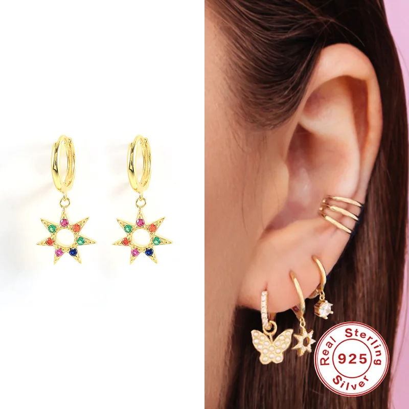 

100% 925 Sterling Silver Zircon Geometric Earring for Women Girl Hollow Out Sun Tassel Design Jewelry Party Gift Dropshipping