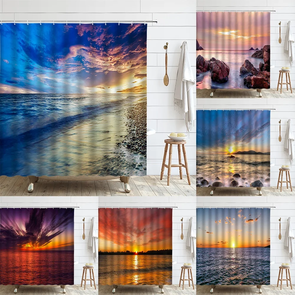 

Sunset Sea Landscape Shower Curtain 3d Coast Beach Natural Scenery Waterproof Fabric Bathroom Blackout Curtains Bath Screen Home