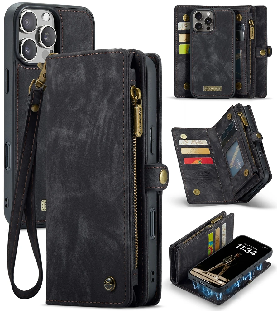 Luxury Leather Wallet Case with Zipper and Strap