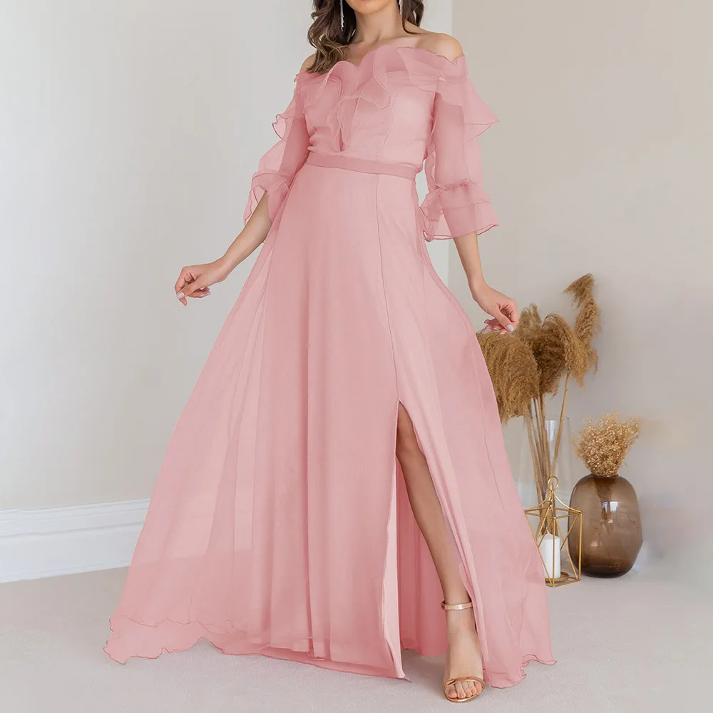 

Luxury Mother of the Bride Dresses for Women 2022 Three-Quarter Sleeve Off Shoulder Floor-Length Split Formal Evening Party Gown