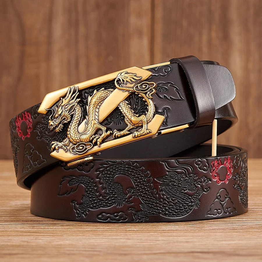 Male Genuine Leather Belts Casual Ratchet Belt with Automatic Buckle Luxury Design Dragon Pattern Belts for Business Men Strap
