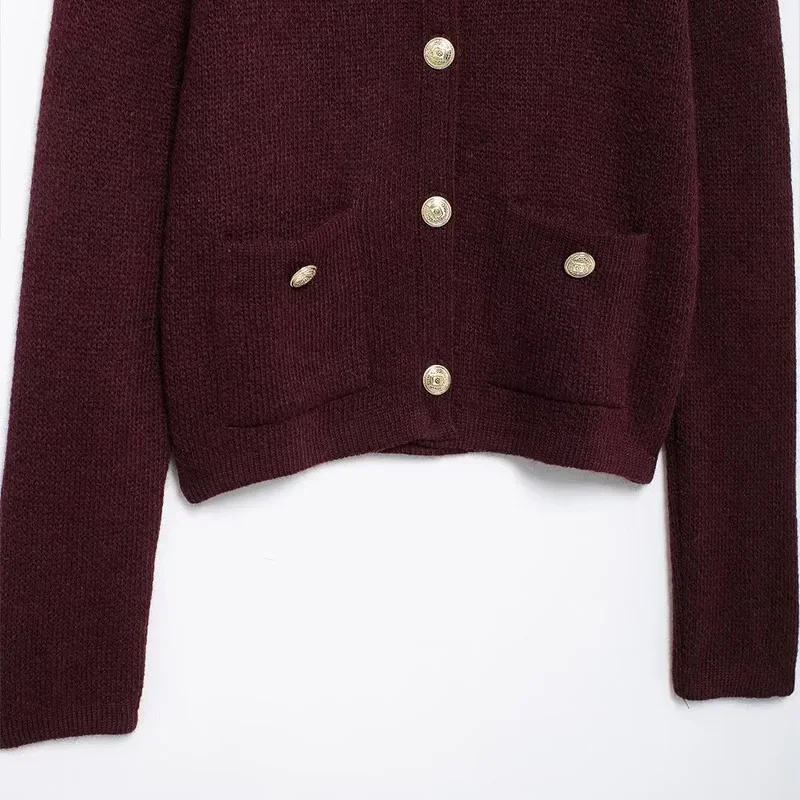 Autumn Knit Burgundy Women's Cardigans O-neck Single-breasted Long Sleeve Pocket Top Autumn Winter Lady All-match Knitwear
